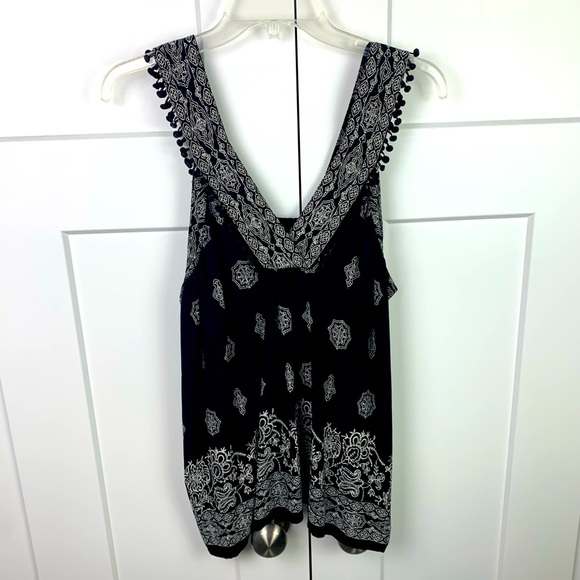 LOFT black Boho Tank Top LARGE Pom Trim V Neck - Picture 1 of 7